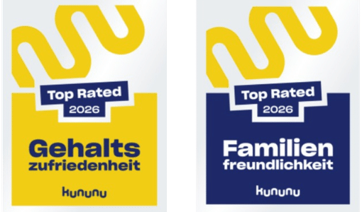 Zwei Auszeichnungen in Gelb und Blau für Gehaltszufriedenheit und Familienfreundlichkeit 2026 von kununu im Kreis Borken.